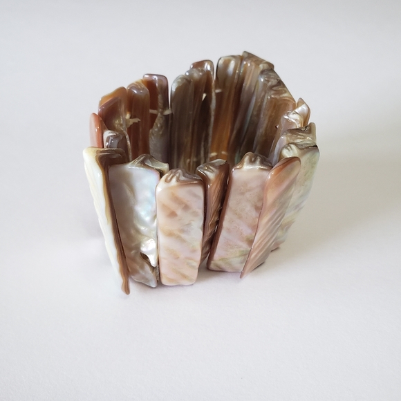 Vintage Abalone Shell Beige Tan Wide Stretch Bracelet Mother Of Pearl - Picture 5 of 5